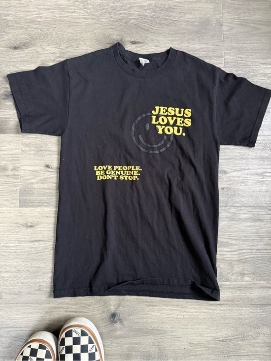 None Tops - Jesus Loves You Black Graphic Tee - Religious Message Shirt
